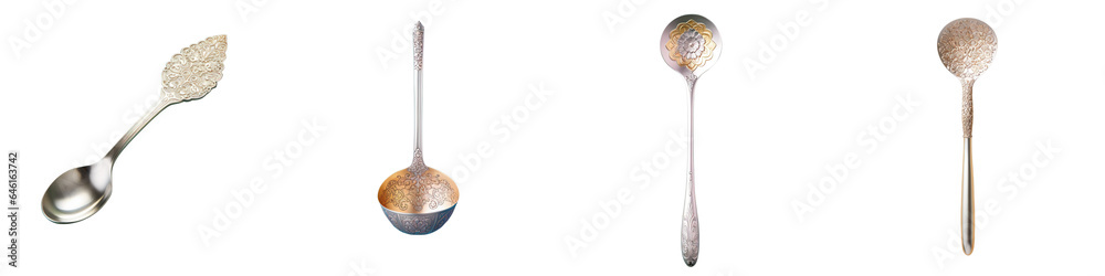 Png Set Thai style patterned aluminum rice ladle isolated on a transparent background with a traditional Thai design Clipping path included