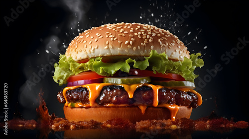 full burger with black background (ai generated) 