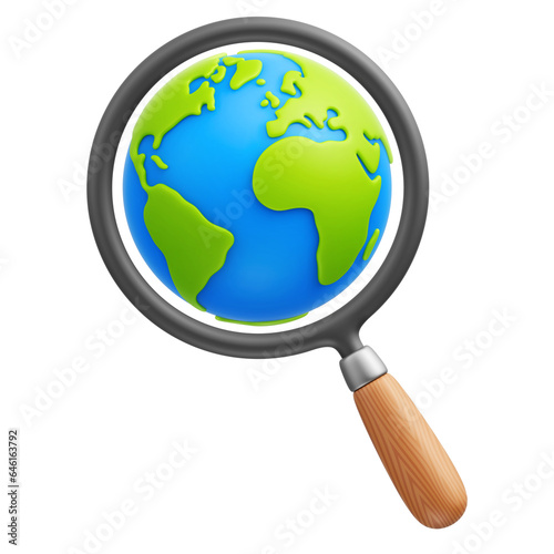 Cartoon magnifying glass with planet Earth 3d vector icon on transparent background Fototapet
