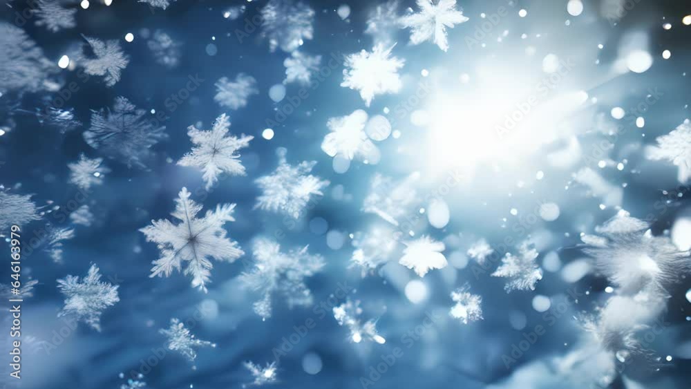 A of speckled snowflakes illuminated by a bright ray of sun A of speckled snowflakes illuminated by a bright ray of sun