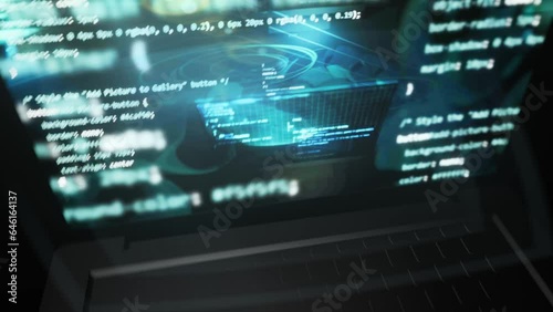  Spinning laptop with programming code on screen frame. Modern rotating digital animation