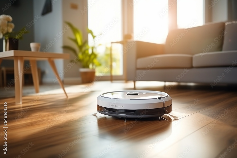 Robot vacuum cleaner with selective focus on blurred background of home interior Robot vacuum cleaner with selective focus on blurred background of home interior