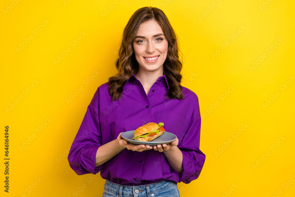 Portrait of positive pretty lady beaming smile arms hold sandwich plate isolated on yellow color background Portrait of positive pretty lady beaming smile arms hold sandwich plate isolated on yellow color background