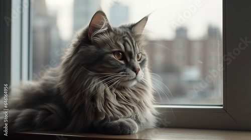 Showcasing the Fluffy Elegance of a Gray Cat Perched on a Window Sill - A Serene Feline Moment