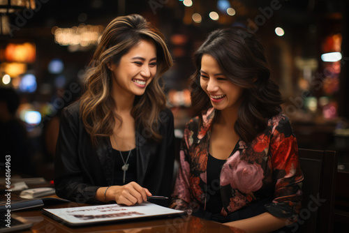 A female Asian translator working with a smiling businesswoman, facilitating communication and understanding. Generative Ai.