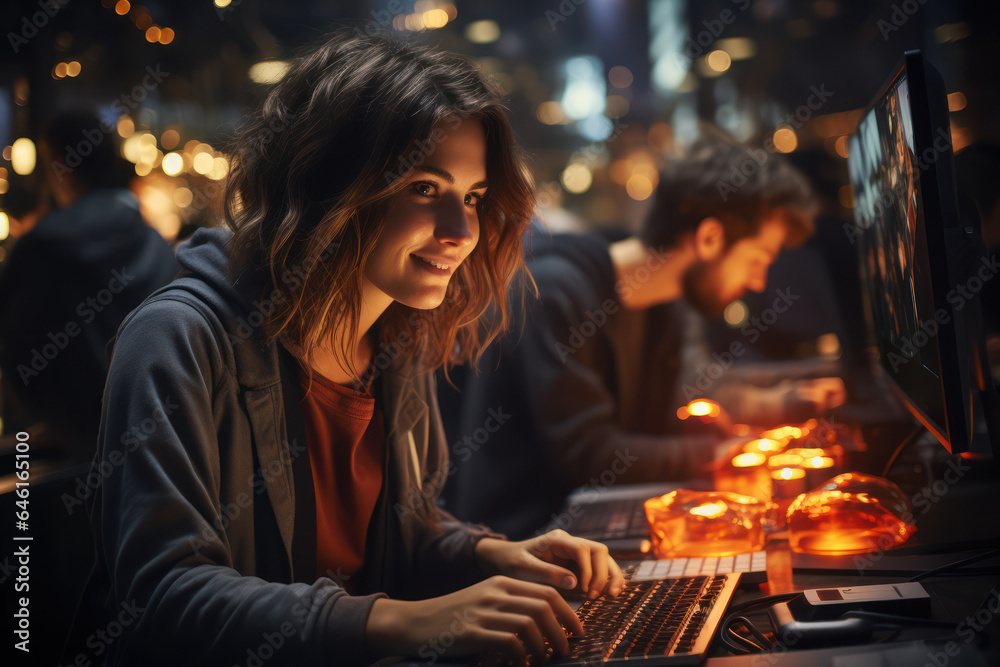 A scene depicting a team of software developers coding, collaborating, and testing applications in a modern development environment. Generative Ai.