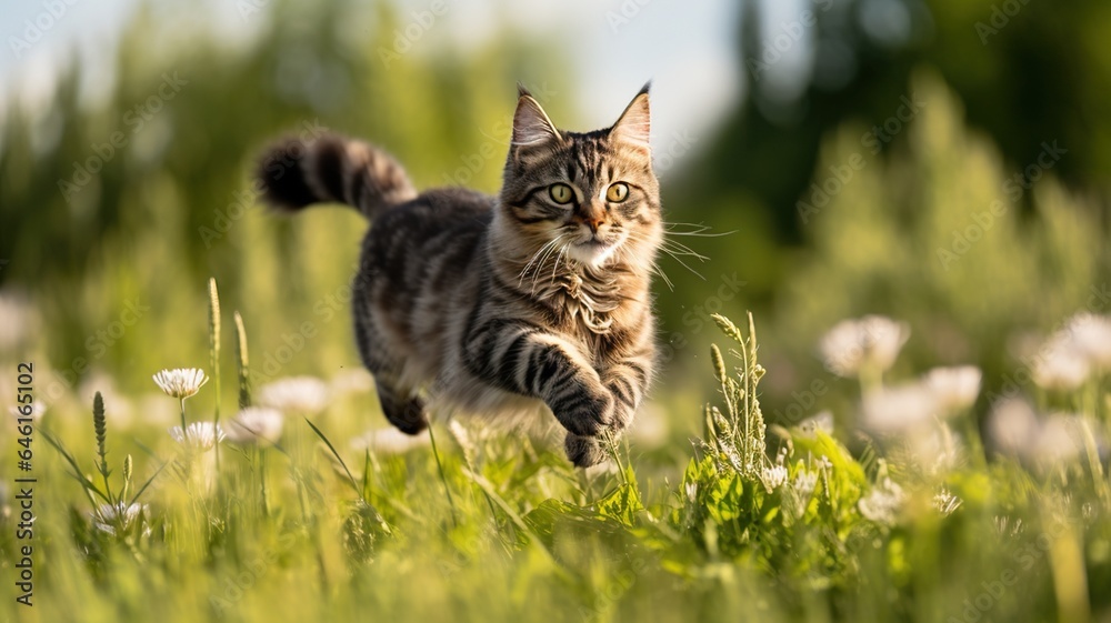 A Side View of a Cat in Playful Motion Across a Field of Nature - Embracing the Joys of Outdoor Adventure