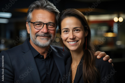Close-up of a smiling man wearing a suit and a neatly dressed woman. Generative Ai.