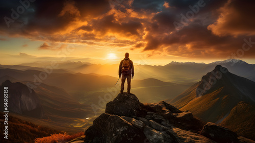 A lonely hiker enjoy the beautiful sunset panorama on top of a mountain, sunset mountain view, generative ai  © Marc