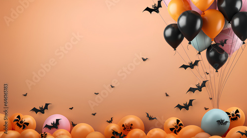 Halloween party backdrops with balloons, bats, pumpkins, skulls and bats.