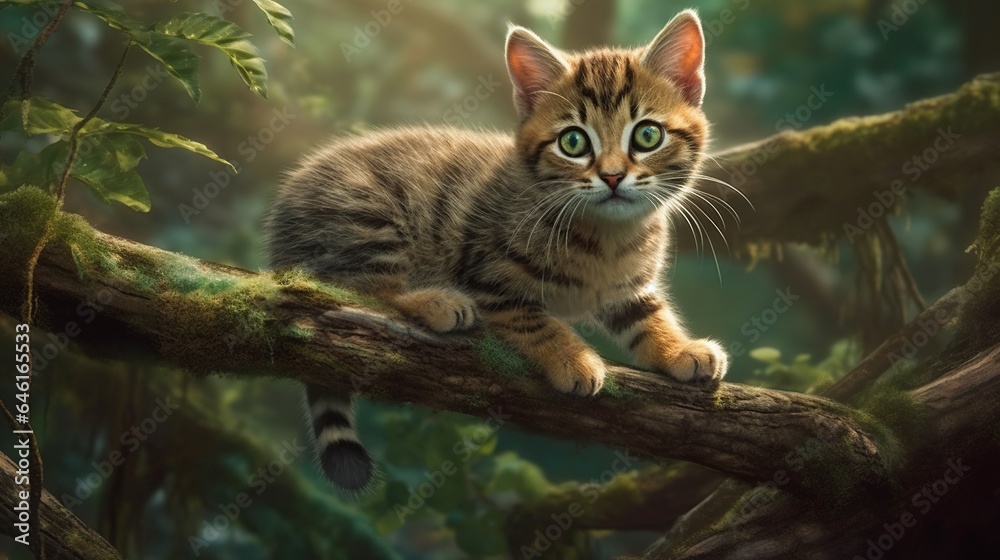 Mischievous Kitten Dangling Playfully from a Branch with Curiosity and Playfulness