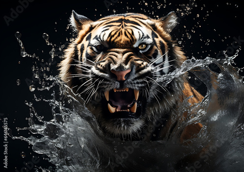 angry tiger charging at camera, water splash, black background, generative ai