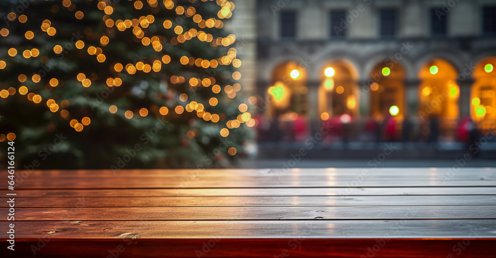 Empty wooden table top with blurry Christmas town and snowfall background. A lit Christmas tree is present in the decorated town square. Celebrate the Christmas holidays. Christmas holiday background 