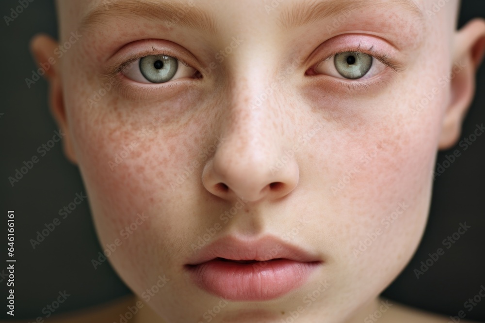 Fototapeta premium closeup reveals an individual up as they share their personal journey with cancer. Despite the visible strain, resilience and determination are also noticeable on their face, offering