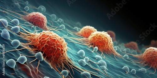 detailed microscopic view of cancer cells dividing and multiplying, its irregular structure and rapid growth characterizing its aggressive nature. photo