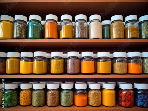 shelf filled with various natural health supplements Vitamin C, Turmeric, Green Tea Extract, Resveratrol, others, believed to aid in cancer prevention and recovery.