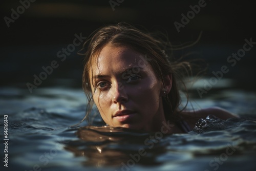 outdoor shot of woman swimming, the clarity of the water and her strong strokes demonstrating her resilience in dealing with cancer. © Justlight
