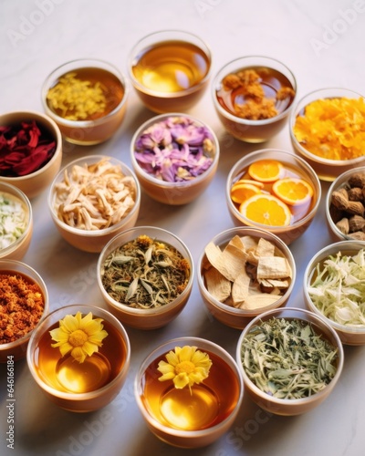 closeup of collection of herbal teas including chamomile, peppermint and ginger, endorsed for their potential to boost immunity, reduce inflammation and alleviate symptoms of chemotherapy