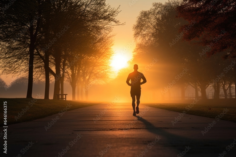 Seen here is cancer survivor on his morning run, his lithe figure silhouetted against the sunrise, echoing his daily commitment to physical health and emotional resilience. Seen here is cancer survivor on his morning run, his lithe figure silhouetted against the sunrise, echoing his daily commitment to physical health and emotional resilience.