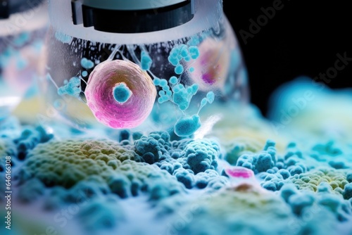 Look through the lenses of pathologists microscope showing sample of ovarian carcinoma, the most deadly of gynecologic cancers, marked with splotches of green, pink, and blue. photo