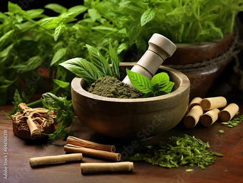 Herbal green leaves and roots, with mortar and pestle, depict naturopathic doctors tools. This holistic approach aims to stimulate the bodys selfhealing process in cancer treatment.