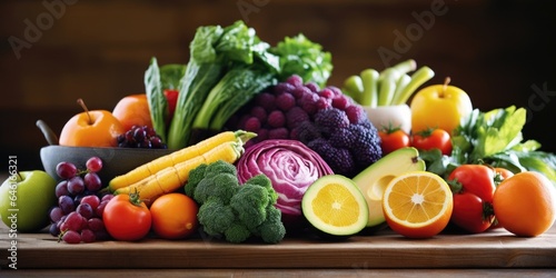 Piles of colorful, fresh fruits and vegetables create vibrant panorama of an anticancer diet. Rich in antioxidants and nutrients, these foods help strengthen the immune system during cancer photo