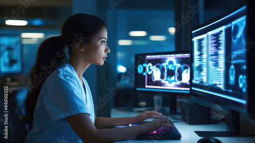 oncology nurse sits at computer station, studying an array of digital images. Her eyes scrutinize each one, looking for the optimal treatment strategies to help alleviate her patients photo