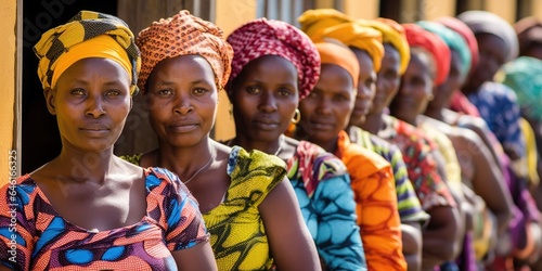 group of African women in brightly colored clothing, waiting patiently in line at rural health clinic that specializes in cancer screenings, underscoring the real issues related to access