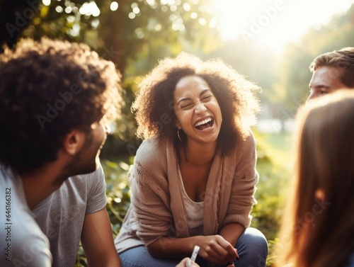 group of happy friends gathered in park, laughing and socializing. The image encapsulates the notion of reducing stress and enhancing mental health as way to lower the risk of cancer.