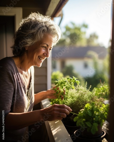 Fototapeta woman on the balcony, recovering from cancer, smiles at pot of freshly grown herbs