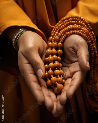 closeup of prayer beads wrapped around trembling hand, symbolizing the faith and hope of person dealing with cancer.