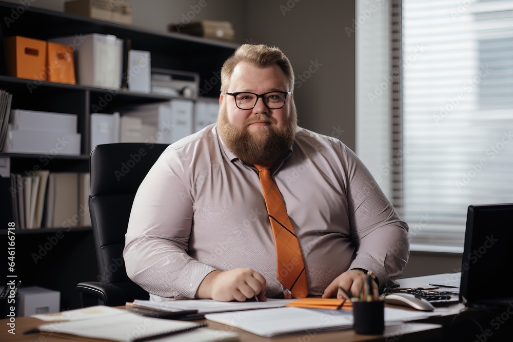 Office worker, beautiful man at workplace. Plus-size manager Office worker, beautiful man at workplace. Plus-size manager