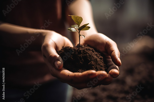 environment, a hand with soil and a platana seedling being born, planting, generative ai