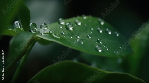Captivating Close-Up Shot of Water Droplets Glistening on Green Leaves against a Dark Background, Illustrating Nature's Contrast and Elegance
