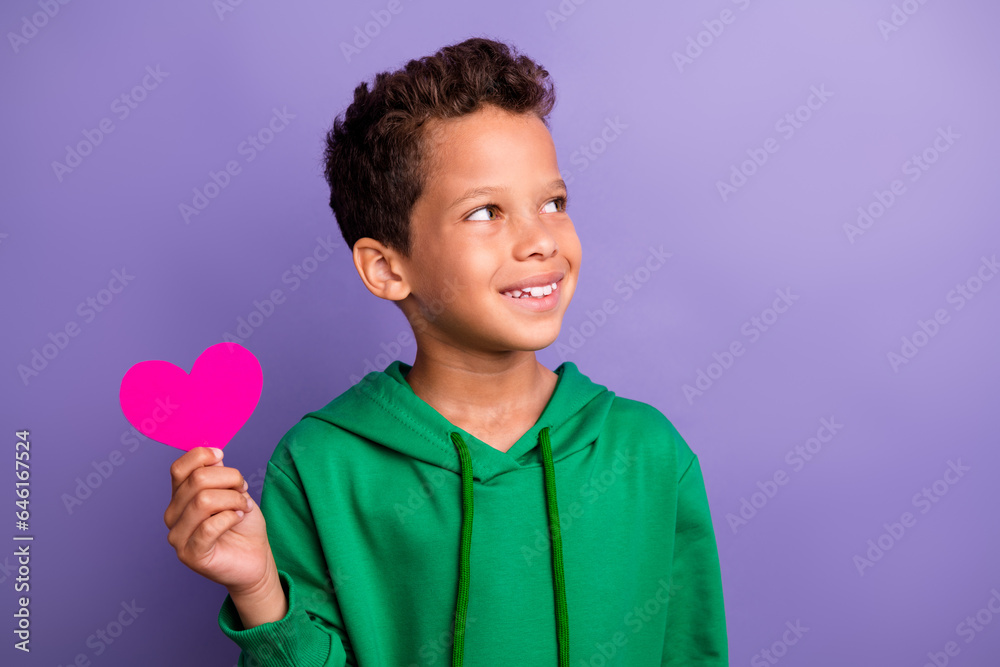 Photo of positive dreamy small boy wear green sweatshirt showing pink heart looking empty space isolated violet color background Photo of positive dreamy small boy wear green sweatshirt showing pink heart looking empty space isolated violet color background