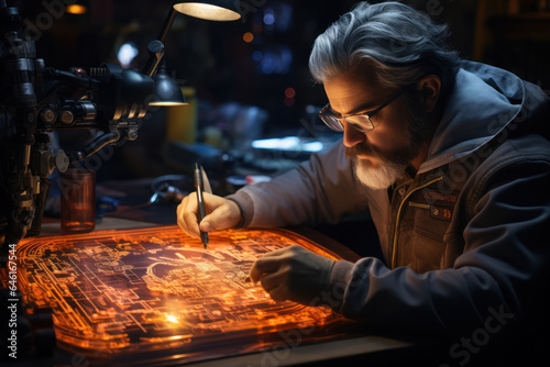 Technological Imagination. Engineer sketching a blueprint for a futuristic machine, showcasing the fusion of technology and inventive ideas. Generative Ai.