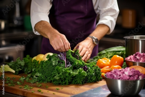 Chef's hands put kale making gourmet dish