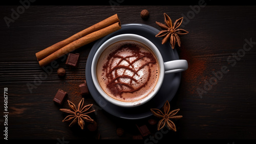 Cup of coffee on wooden table with cinnamon and star anise