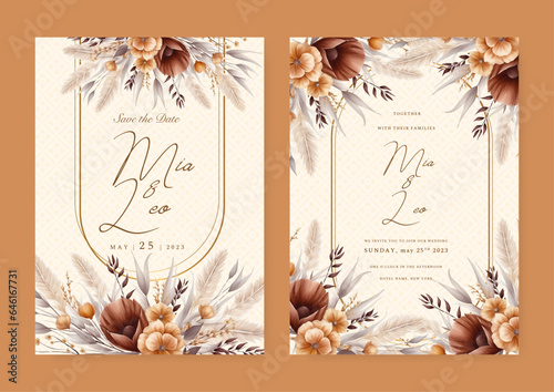 Brown and orange poppy and peony modern wedding invitation rustic boho watercolor template with floral and flower