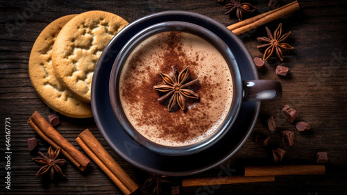 On a wooden table, there sits a cup of coffee garnished with cinnamon and star anise.