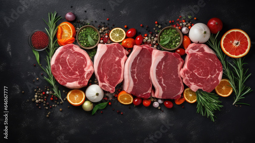 Fresh pork chops and cooking essentials on a black surface seen from above.