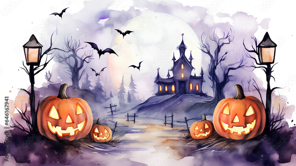 Fototapeta premium Halloween landscapes illustrated in watercolor. Illustrations of spooky Halloween landscapes with pumpkins, bats, haunted houses...