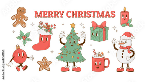 Merry Christmas and Happy New year set in retro style. Christmas tree, giftbox, coffee, gingerbread, snowman, ball cartoon mascot  vector illustration. Nostalgia 70s, 80s, 60s