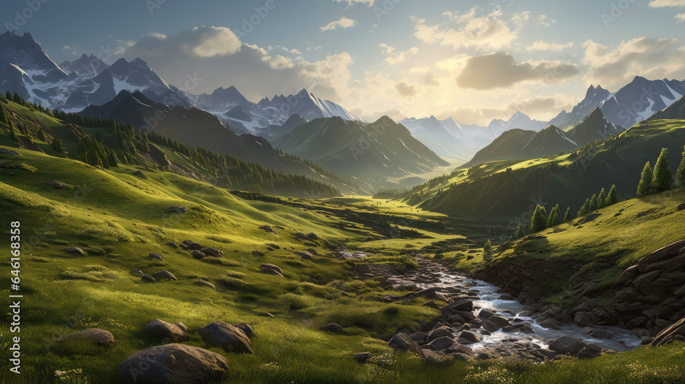 Fototapeta premium twilight arrives, the mountain landscape enchants the eyes.