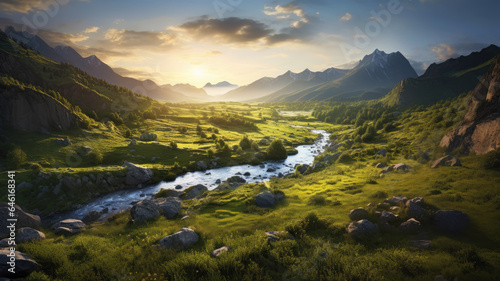 Mountain landscape at sunset. Panoramic view of the mountains.