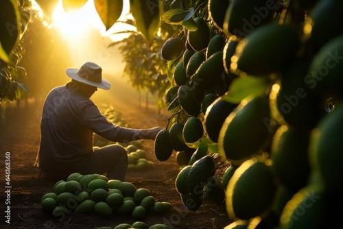 Fotografia Farmer, gardener picking green avocados from leafy fruit trees in a large fruit