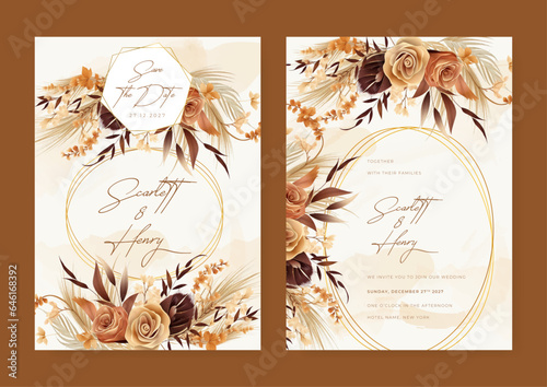 Brown orange and beige rose modern wedding invitation rustic boho watercolor template with floral and flower