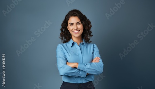 Happy young smiling confident professional business woman wearing blue shirt, pretty stylish female executive looking at camera, standing arms crossed isolated at gray background,  photo