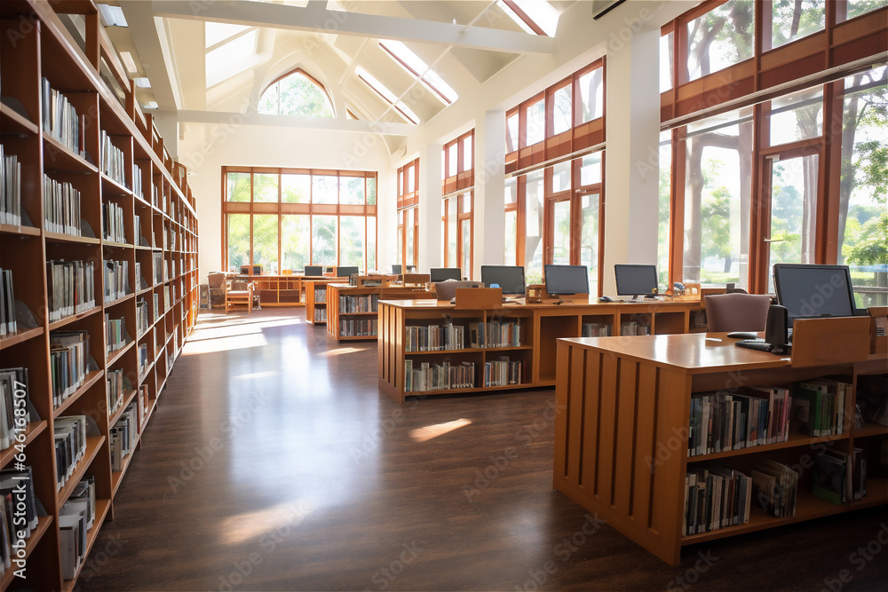 The library building hall interior with lots of books The library building hall interior with lots of books