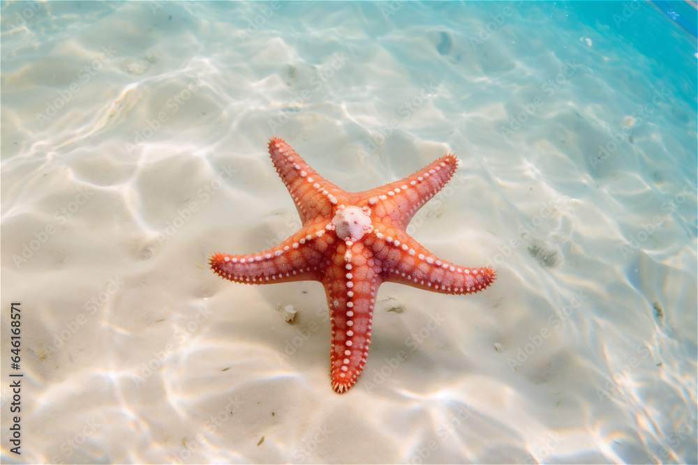 Close up of a big star fish under water in blue ocean waters Close up of a big star fish under water in blue ocean waters